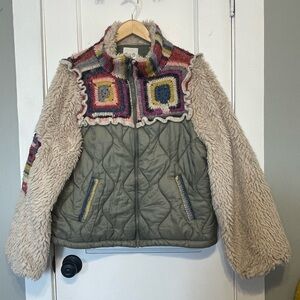 Sea New York Women's Patchwork Jacket w faux Sherpa sleeves and crochet details